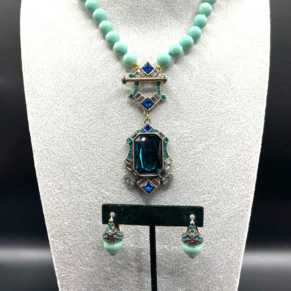 Heidi Daus Classic Edition Shades of Blue Necklace Pierced Earrings Set in Box
